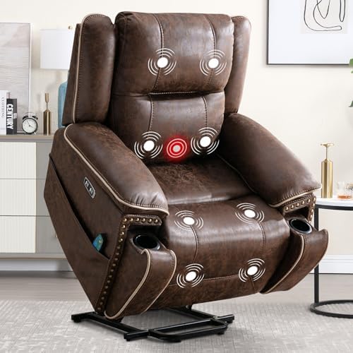 Phoenix Home Dual Motor Power Lift Chair for Elderly, Lift Chairs with Massage and Heat, Leather Electric Chairs for Adults, Recliner Chair with USB
