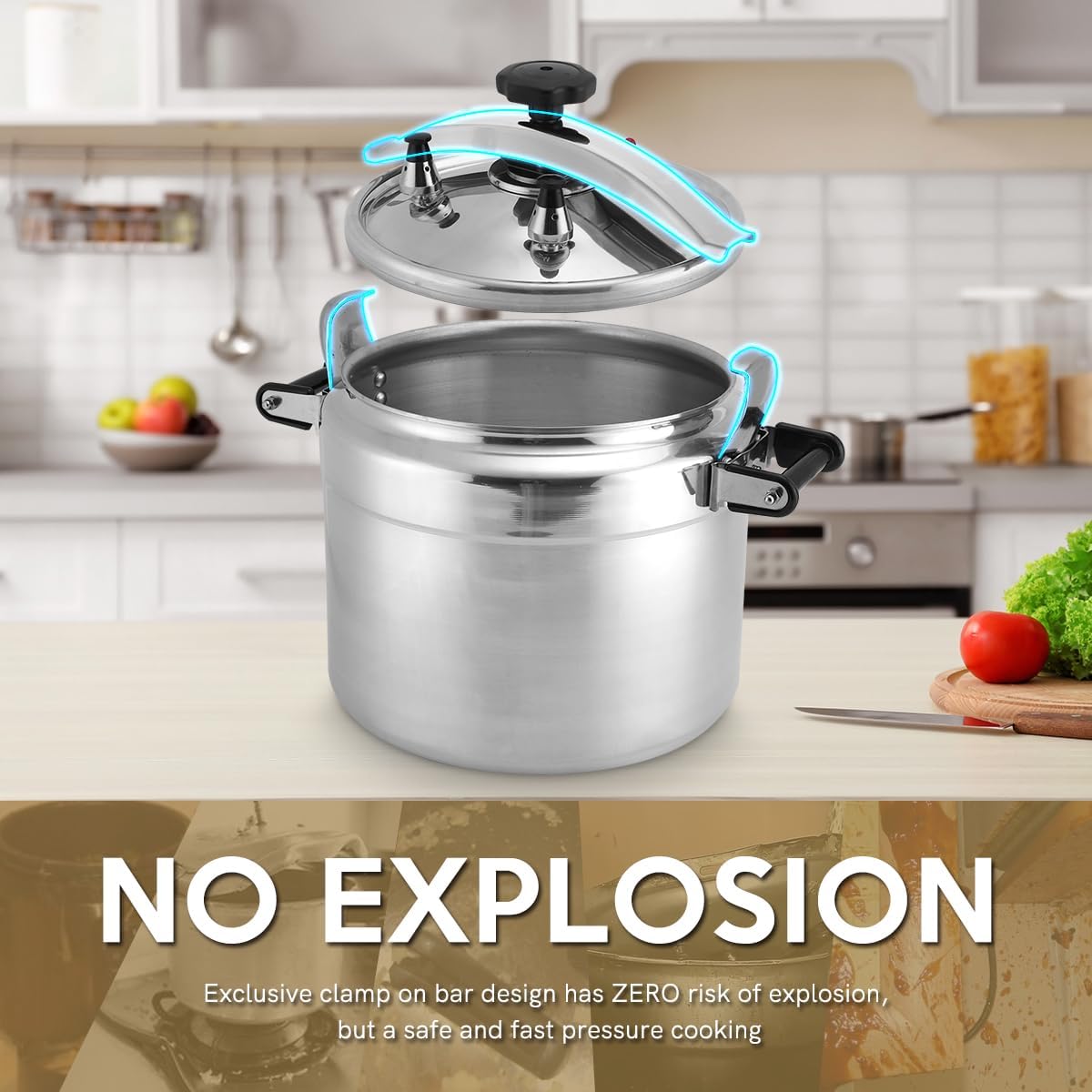BreeRainz 26 Quart Clamp On Pressure Cooker, Aluminum Pressure Cooker w/Ultra Safe Clamp Bar Locking System
