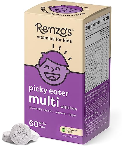 Renzo's Picky Eater Kids Multivitamin with Iron, Dissolvable Multivitamin for Kids, Sugar Free Apple Flavored (60 Melty Tabs) - Kansas Nuitrition