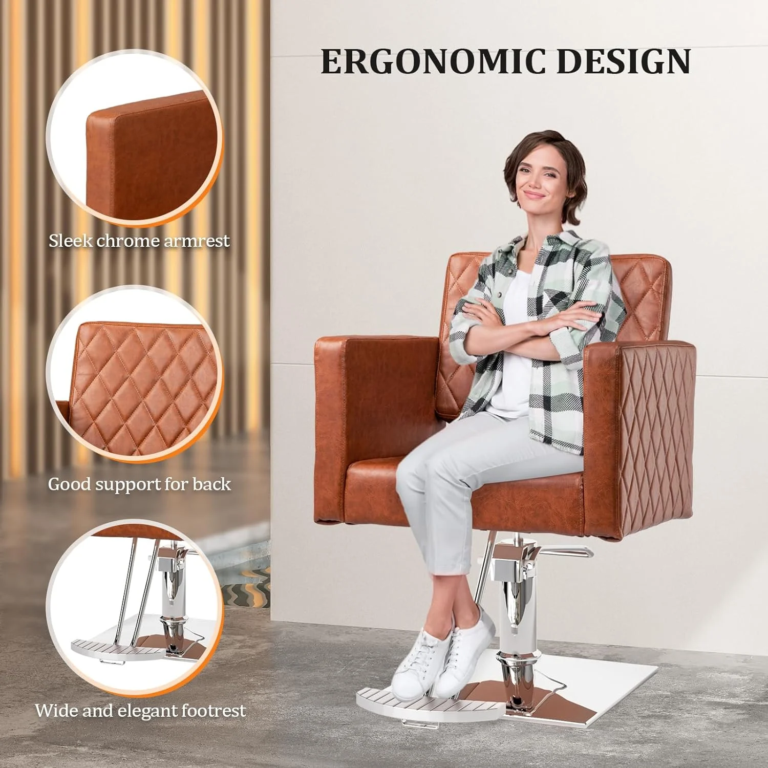 Salon Chair for Hair Stylist Wide Seat, Hydraulic Barber Chair with Aluminium Alloy Footrest, Brown Hair Salon Chair Styling Heavy Duty