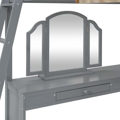 Harper & Bright Designs Full Size Loft Bed with Desk, Storage Shelves and Drawers, Solid Wood Loft Bed Frame with Built-in Wardrobe, Walnut