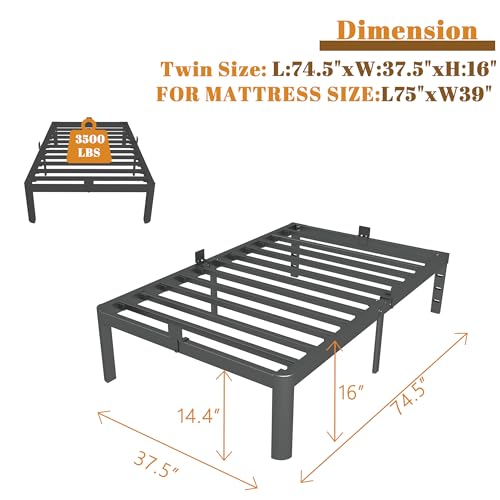 Full Size Bed Frame 16 Inch Black, Metal Platform Full Bed Frame with Baffles, No Box Spring Needed, Heavy Duty Steel Supprt, Rounded Corner Design