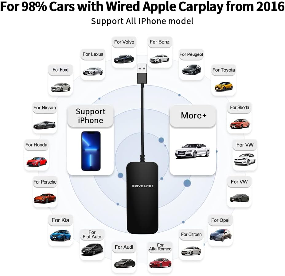 DriveLink 2.0 Wireless CarPlay Adapter for All Factory Wired CarPlay Cars Wireless CarPlay Dongle Convert Wired to Wireless CarPlay, Low Latency