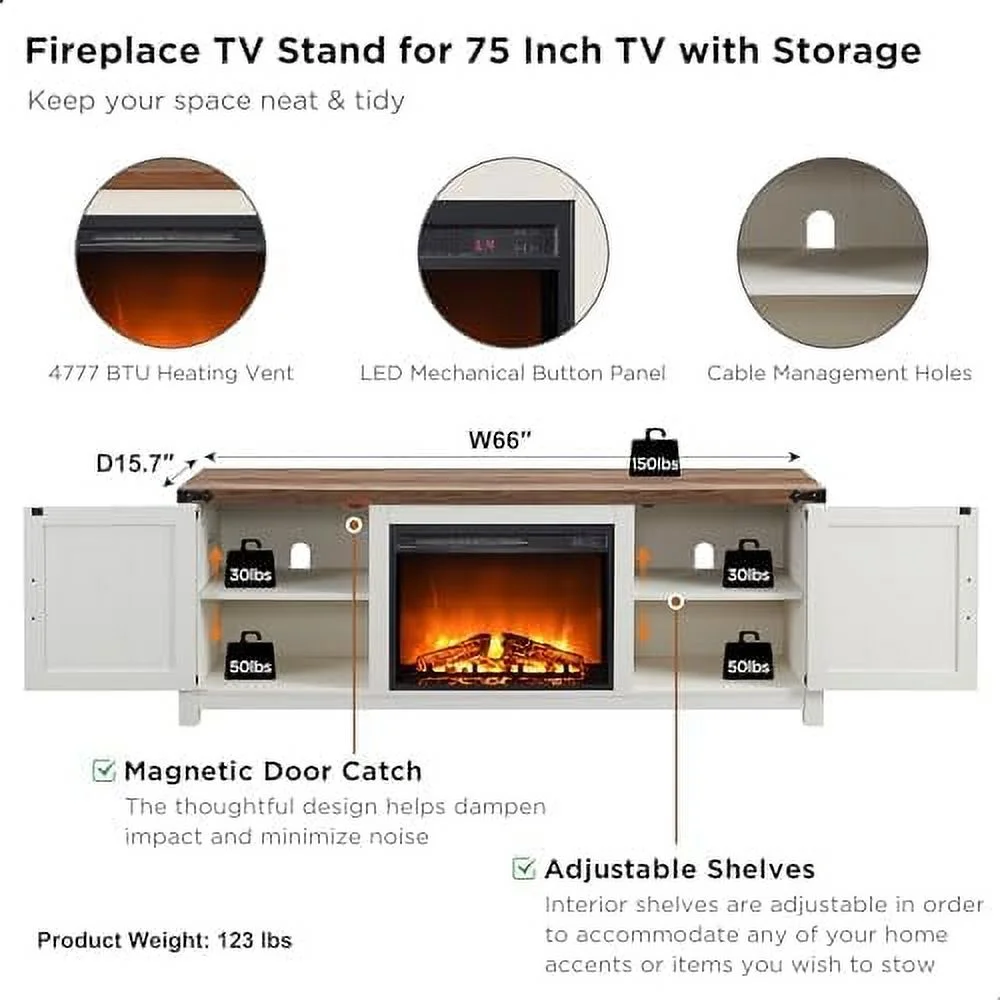 TJBOLIFE Farmhouse Fireplace TV Stand - for 70 75 Inch TV  Rustic Entertainment Center w/ 23" Electric Fire Place  Adjustable Shelves