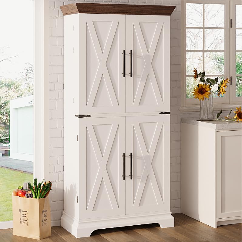 IRONCK Kitchen Pantry Cabinet 72" H, with 9 Shelves, 4 Barn Doors, Drawer, 6 Door Storage Shelves