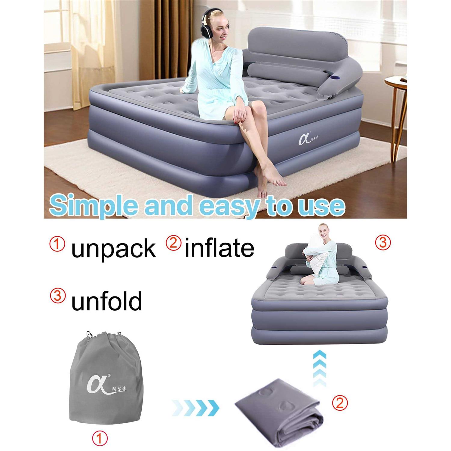A-ER-FA Air Mattress with Headboard 3 Quick Inflation - Sports Supplies Online Store
