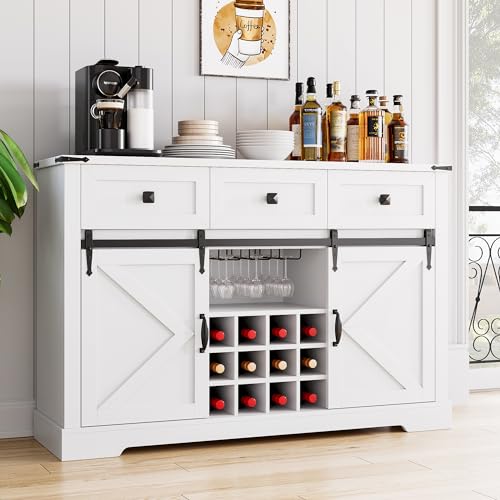 IDEALHOUSE Buffet Cabinet with Storage, 54" Farmhouse Coffee Bar Cabinet with 3 Drawers & Sliding Barn Door