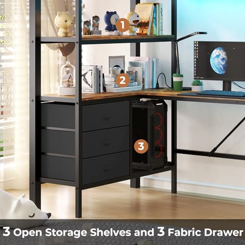 DICTAC Loft Bed Full Size with L-Shaped Desk and Charging Station Full Metal Bed Frame with LED Lights,Open Shelves and 3 Fabric Storage Drawers