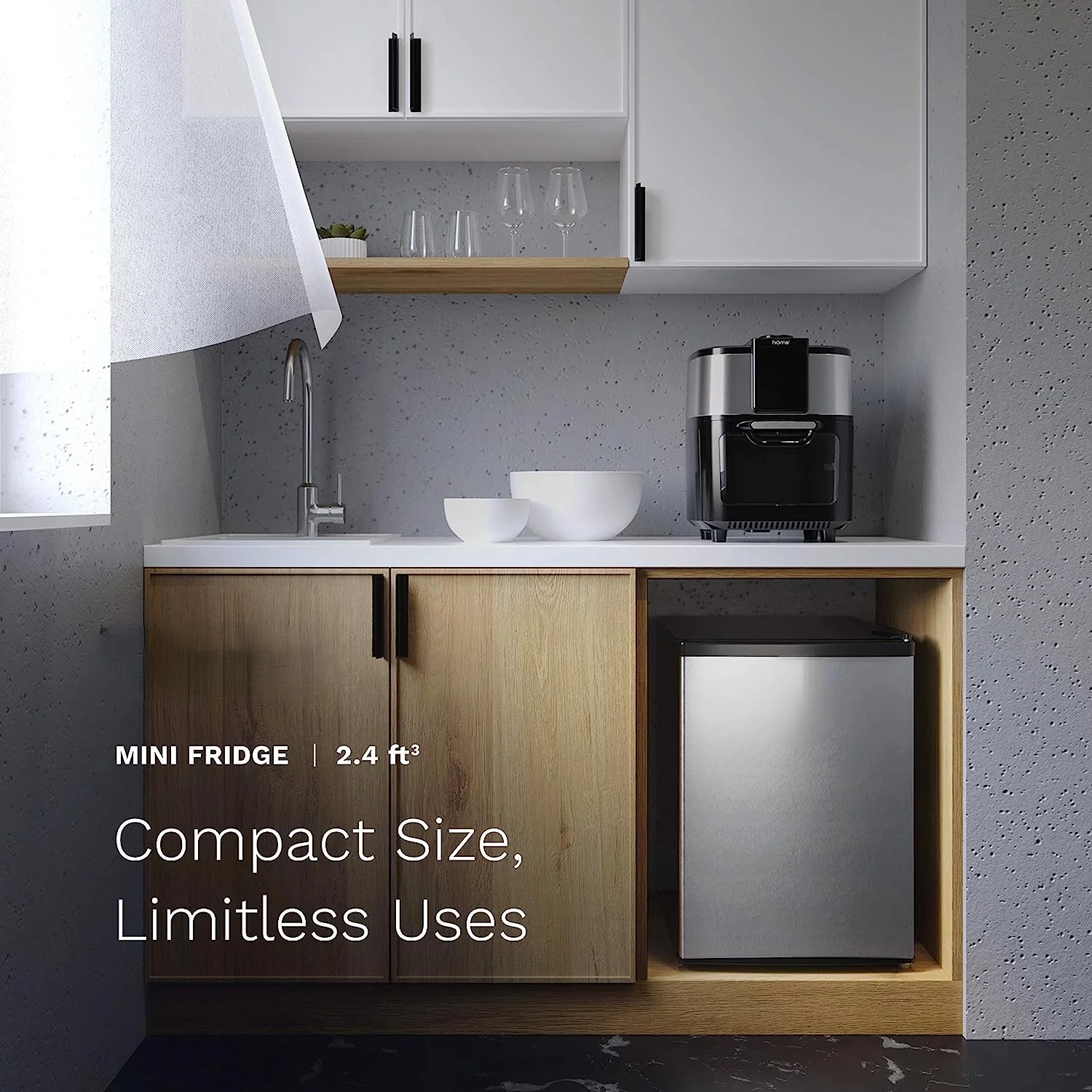 Mini Fridge - 2.4 Cubic Feet Under Counter Refrigerator with Small Freezer for Office, Dorm or Apartment with Removable Glass Shelves