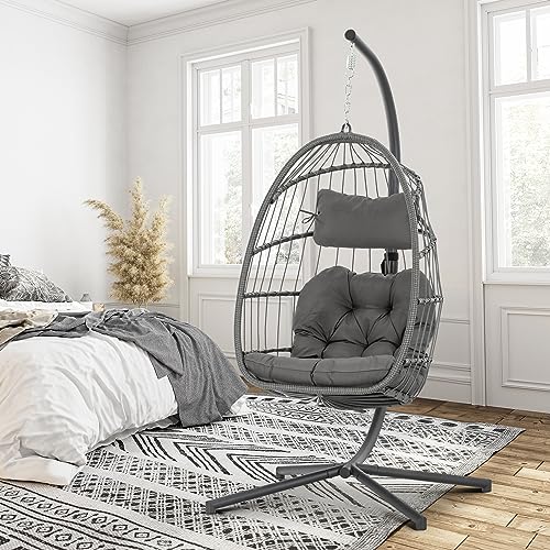Brafab Hanging Egg Chair with Stand and Footrest, Wicker Egg Swing Chair Indoor Outdoor Aluminum-Steel Frame and UV Resistant Cushion
