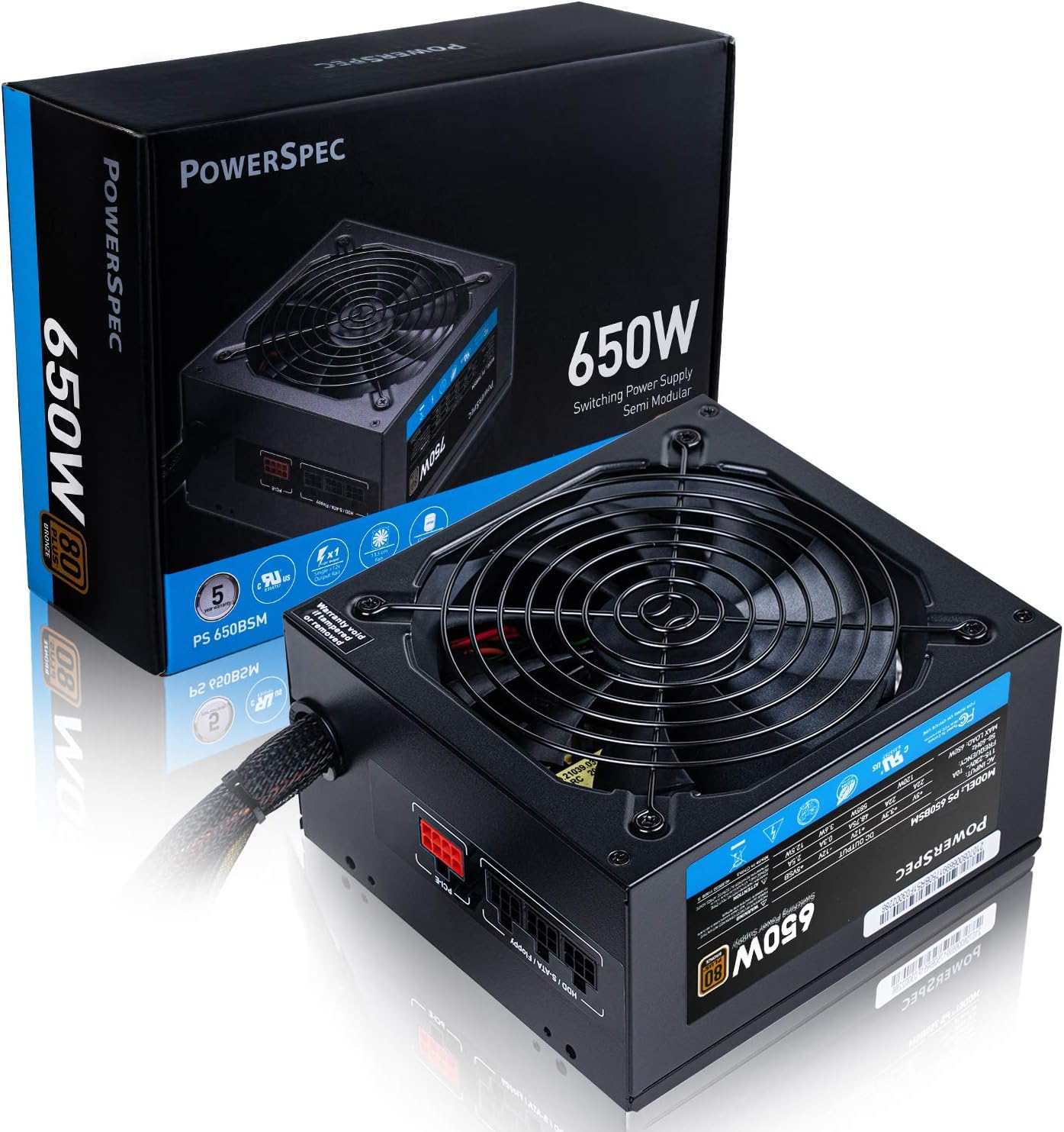 PowerSpec 650W Power Supply 80 Plus Bronze Certified Fixed Cable Non-Modular ATX PSU Active PFC SLI Crossfire Ready Gaming PC Computer Switching