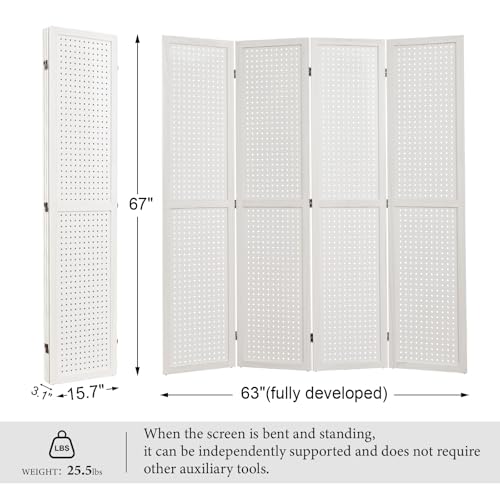 Pegboard Display, 5.6Ft Wooden Room Divider Folding Privacy Screens Portable Freestanding Wall Organizer for Retail Craft Art Display Board (4panels