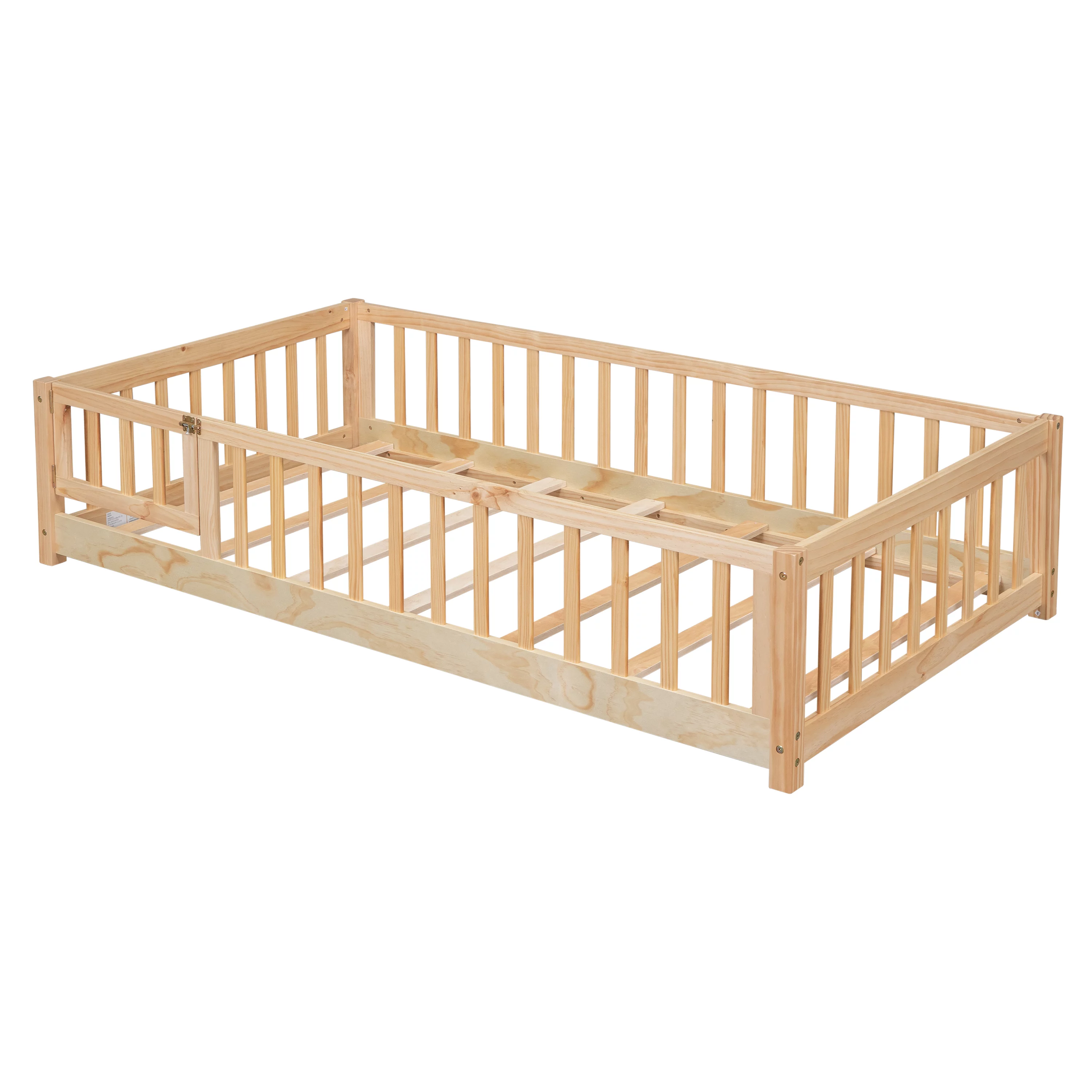 PAPROOS Twin Floor Bed Frame for Toddler, Wood Platform Bed with Wooden Slats, Fence and Door