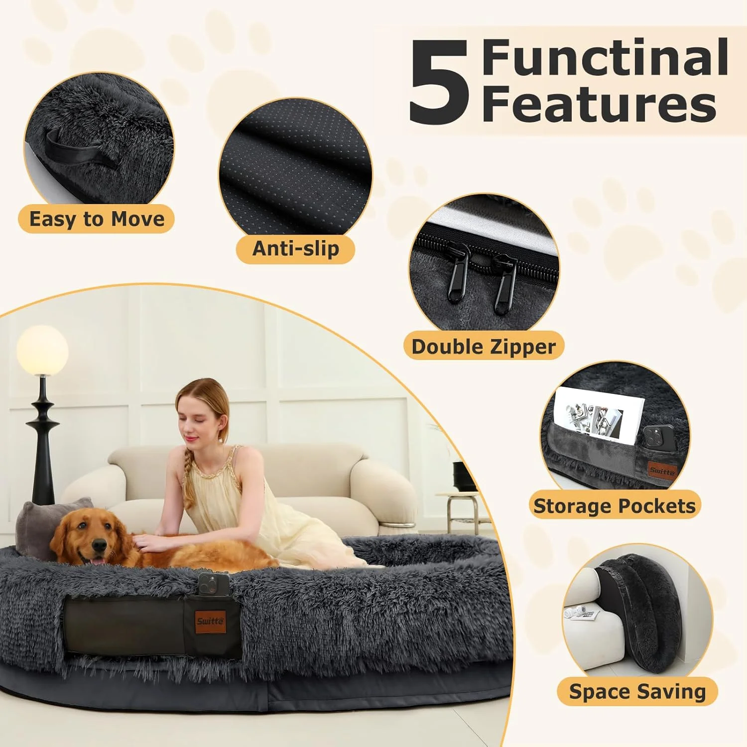 SWITTE Human Dog Bed for Adult, 71"x47"x13" Washable Large Human Size Dog Bed with Blanket for People Doze Off