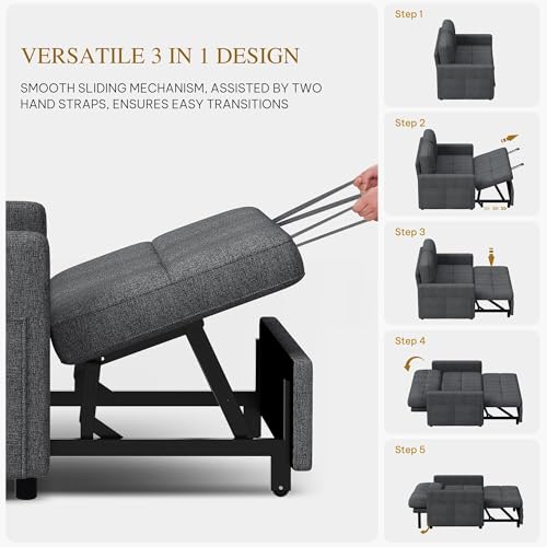 DWVO 55" Convertible Sofa Bed, 3-in-1 Sleeper Sofa with Pull-Out Bed, Linen Futon Couch with Adjustable Backrest and Side Pocket