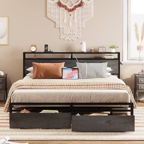 LIKIMIO King Bed Frame with Storage Headboard, Platform Bed with Drawers and Charging Station, No Box Spring Needed, Easy Assembly, Vintage Brown