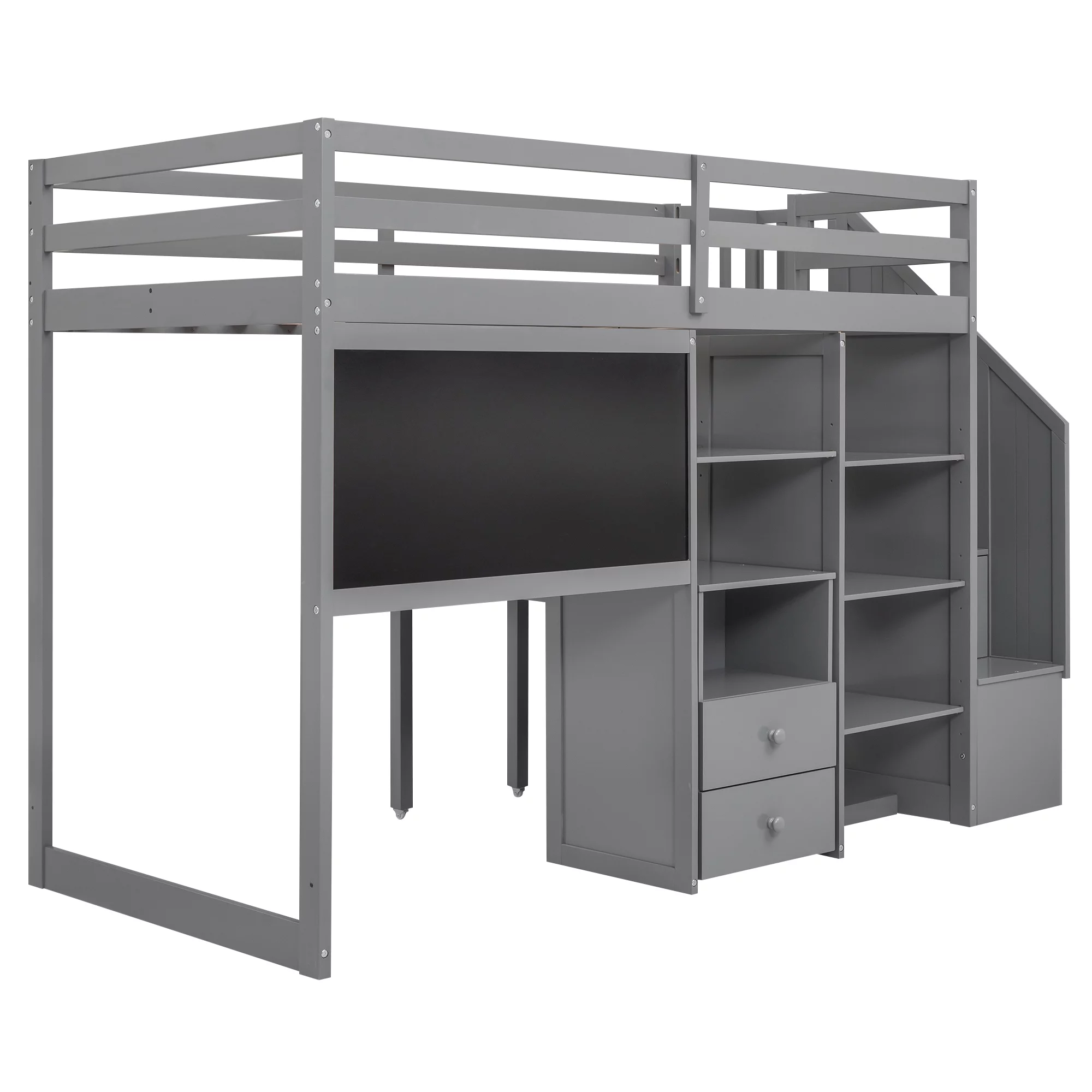 Churanty Twin Size Loft Bed with Pullable Desk and Storage, Wood Loft Bed with Staircase and Blackboard for Kids Teens Adults,Grey