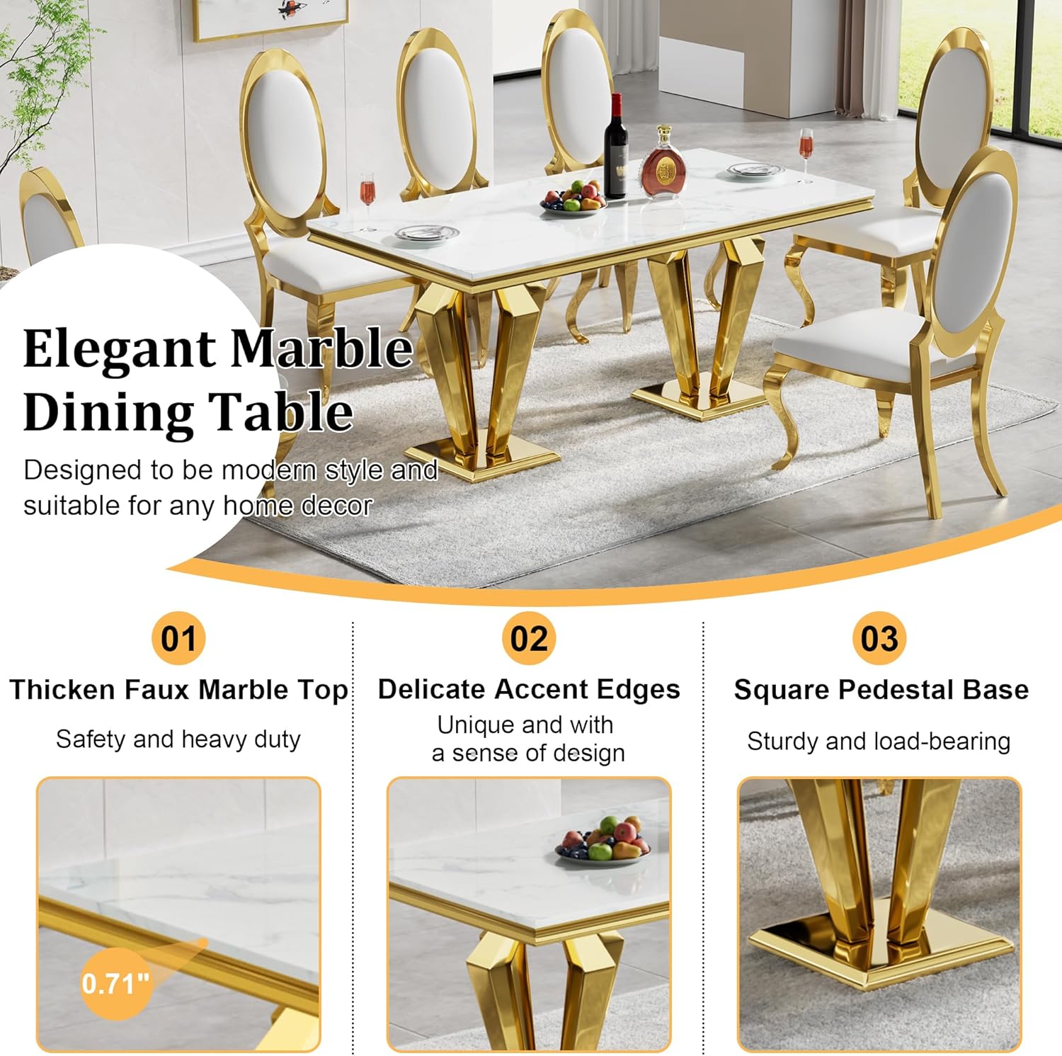 Modern Dining Room Table Set for 4, Marble Dining Table Set for 4, 70" White Gold Marble Dining Table with Oval Backrest Black Leather Chairs