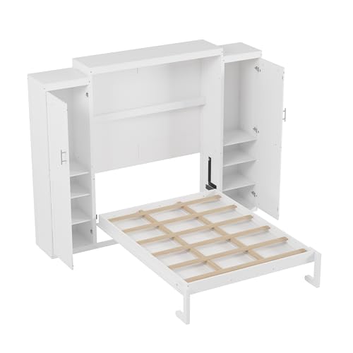 Queen Size Murphy Bed Wall Cabinet with 2 Wardrobe and Storage Shelf, Wooden Murphy Cube Wall Bed