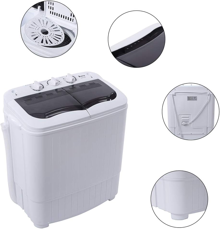 Portable Mini Twin Tub Washing Machine, Laundry Machine with Drain Pump, Semi-automatic 7.7lbs Washer 6.6lbs Spinner Combo for Dorms, Apartments, RVs