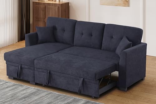L-Shaped Pull Out Sleep Sofabed,Modern Reversible Sleeper Sectional Sofa Chenille Upholstered Button Tufted Decor with Storage Chaise