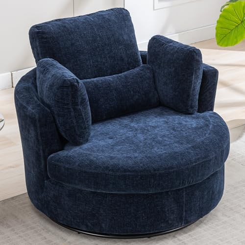 Aoiy & Wifon 42.2" W Oversized Swivel Barrel Chair with Ottoman, Upholstered Round Accent Chair with Storage Ottoman, Chenille, Beige