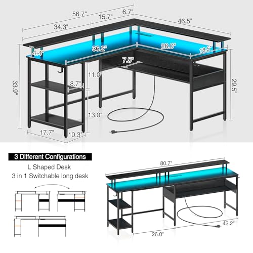 Rolanstar Computer Desk 56.7" with LED Lights and Power Outlets, Carbon Fiber Surface, Reversible L Shaped Gaming Desk with Monitor Stand