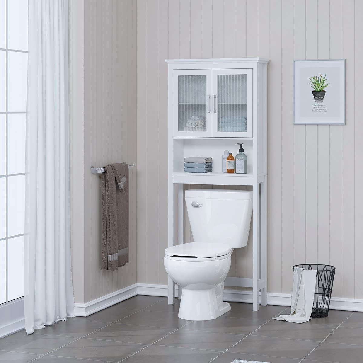 Spirich Home Bathroom Cabinet Over The Toilet, Bathroom Storage Cabinet with Windowpane Glass Doors and Adjustable Shelves