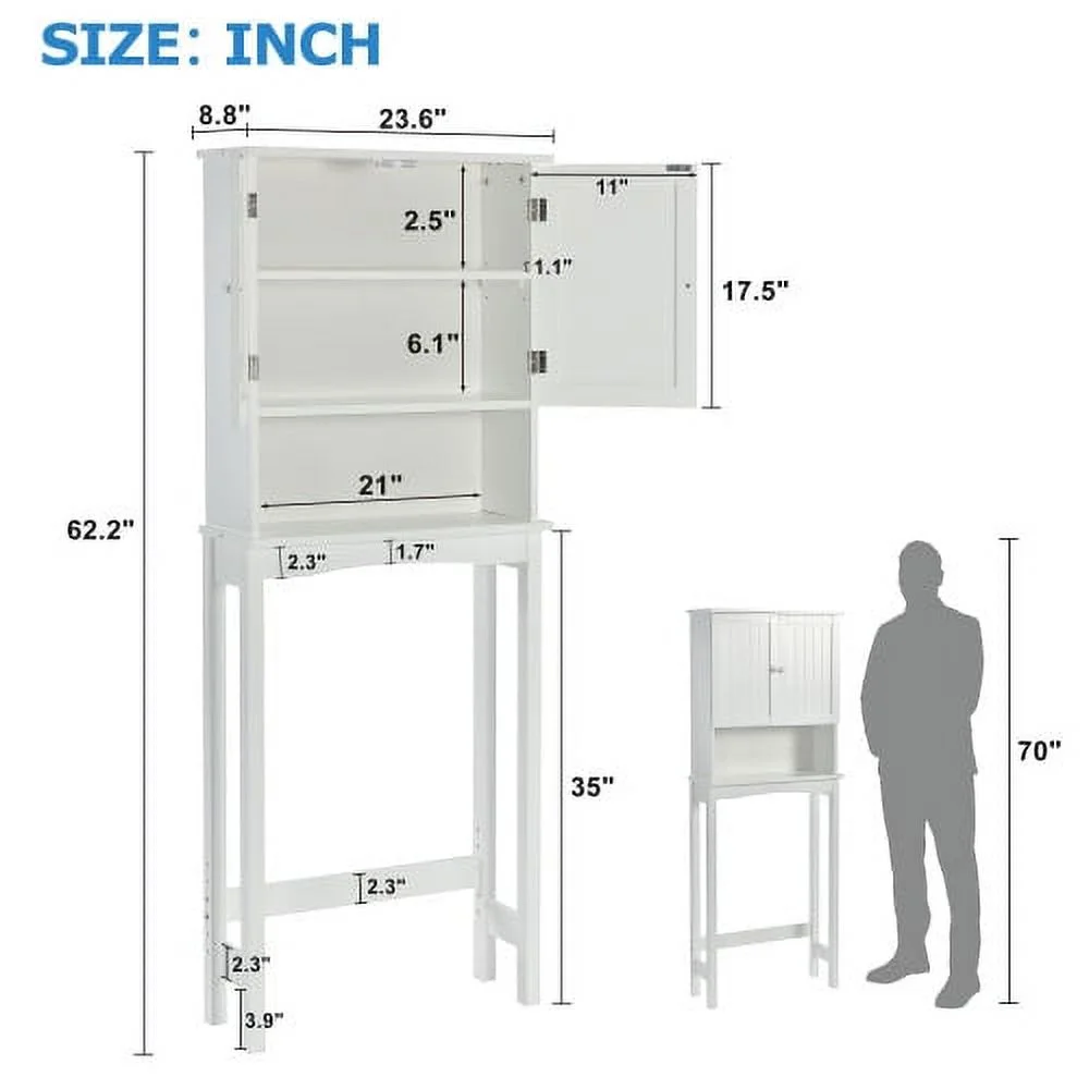 Over-The-Toilet Bathroom Cabinet with Shelf and Two Doors Space-Saving Storage, Easy to Assemble, White