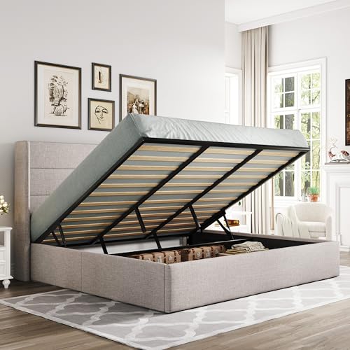 Allewie Full Size Lift Up Storage Bed, Modern Wingback Headboard, Hydraulic Support, No Box Spring Needed, Light Beige