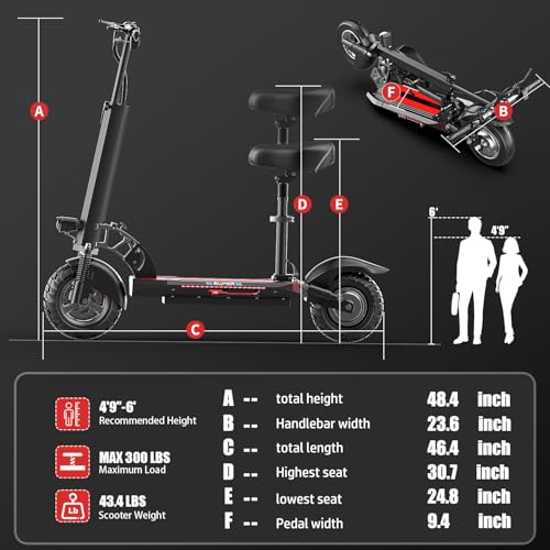 Electric Scooter with Seat for Adults, 800W E Scooter, 27 MPH & 35 Miles Range, 10" Tires, 48V 13AH Battery, Folding Design & Removable Seat