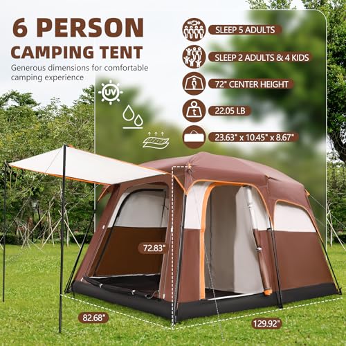 Camping Tent 6 Person Waterproof Windproof Pop-Up Family Tent with Top Rainfly, Mesh Windows, Double Layer, Carry Bag, Tents for Camping, Hiking
