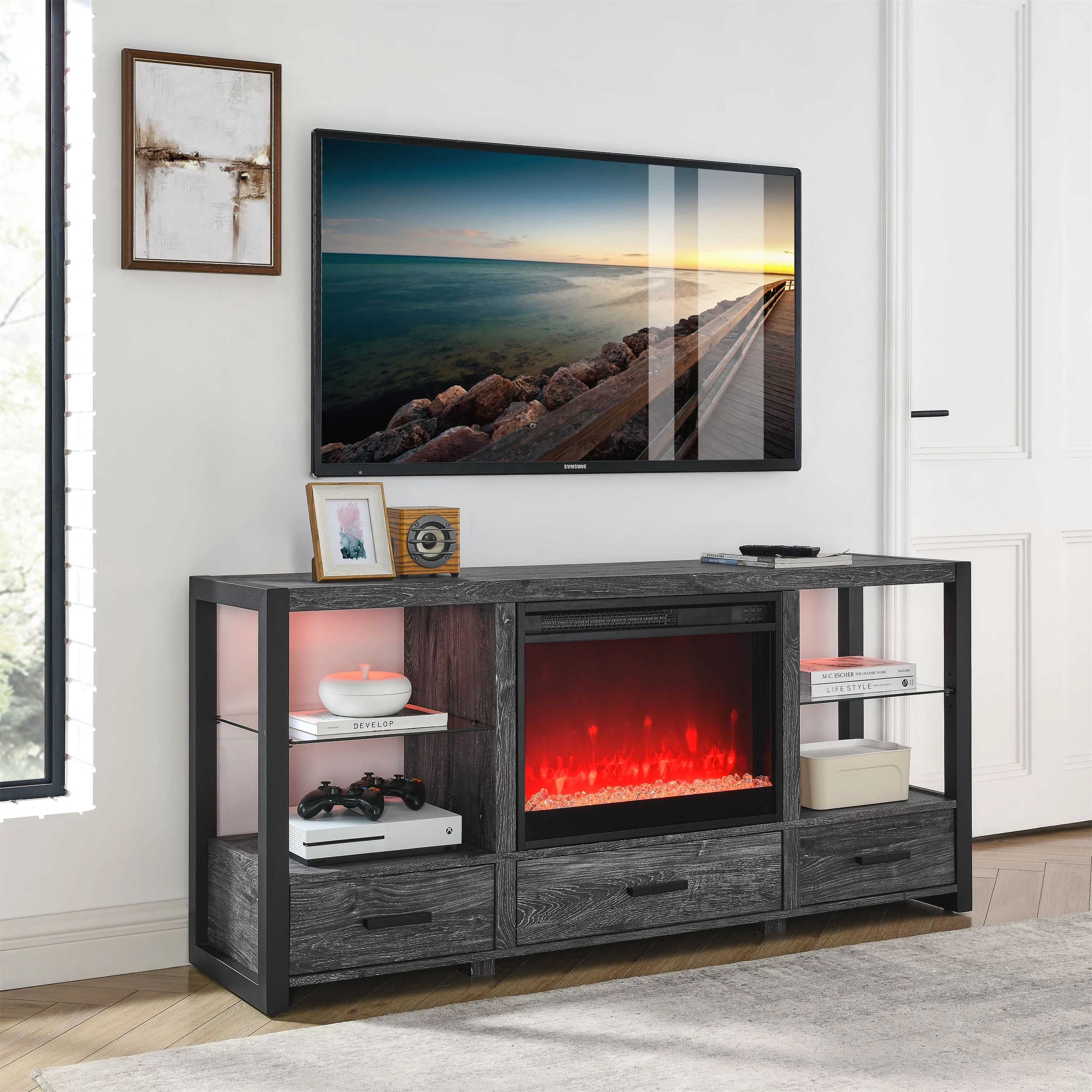 60 Inch Electric Fireplace Media TV Stand with Sync Colorful LED Lights-Dark Rustic Oak Color
