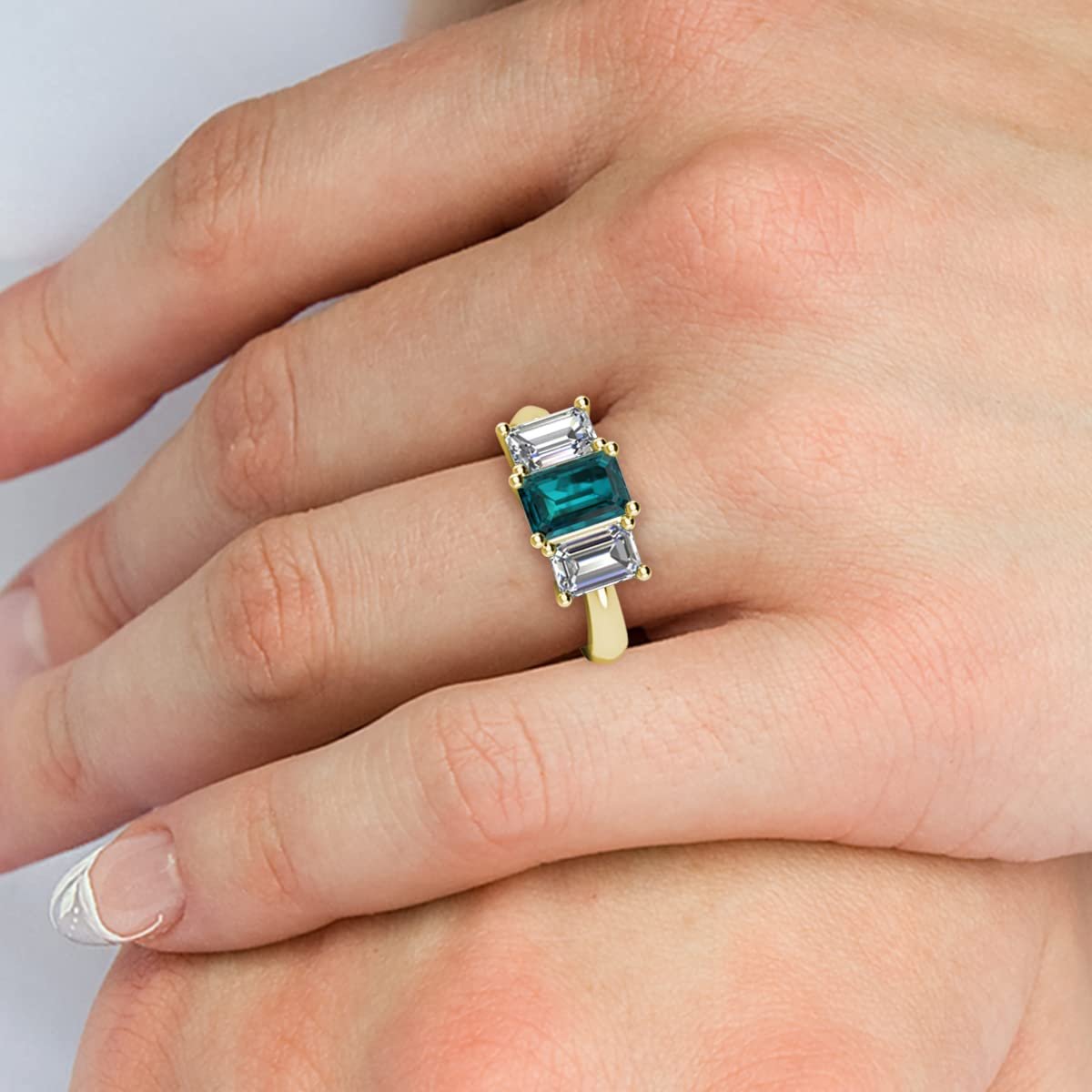 Emerald Cut 6x4 mm London Blue Topaz & Lab Grown Diamond 1 1/3 ctw 3 Stone Engagement Ring 14K Yellow Gold-4.25