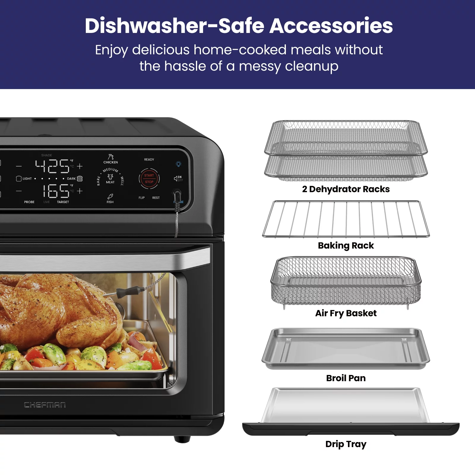 Chefman 12-in-1 Air Fryer Oven Combo w/ Probe Thermometer, 20 Qt Capacity - Black Stainless Steel, New