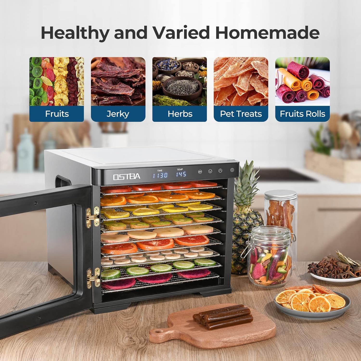 OSTBA Food Dehydrator Machine, 9 Stainless Steel Trays Dehydrators for Food and Jerky, Herbs, Veggies, Fruits, Adjustable Temperature and 48H Timer