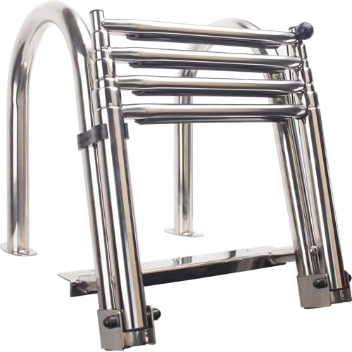 4-Step Heavy-Duty Stainless Steel Pontoon Boat Ladder with Extra Wide Steps & Handrails | Telescoping Folding Rear Entry Ladder, 600lbs Capacity