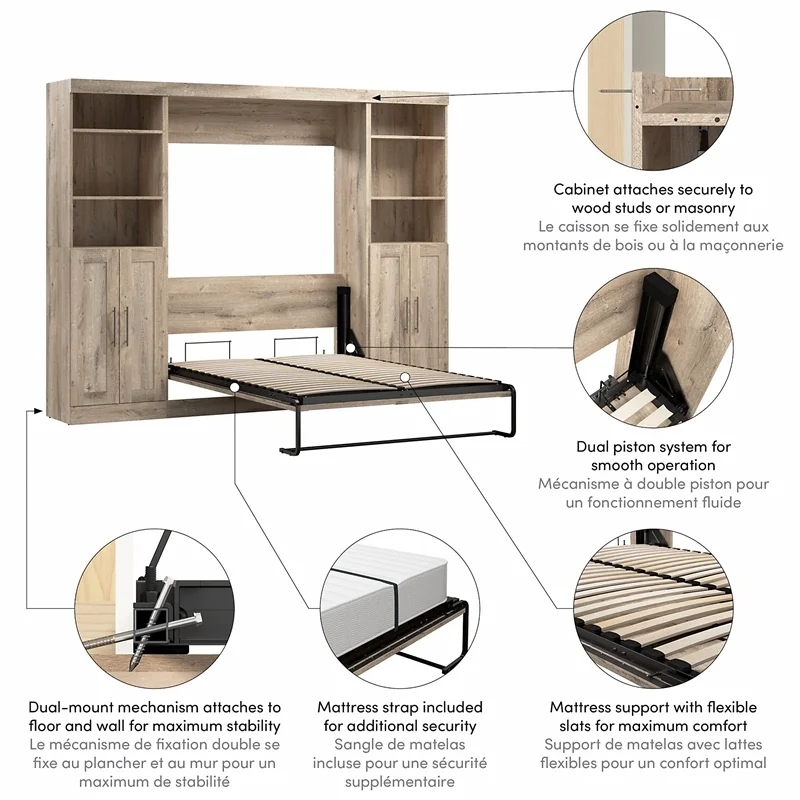 Bestar Pur 109" Engineered Wood Full Murphy Bed with Closet Storage in Brown