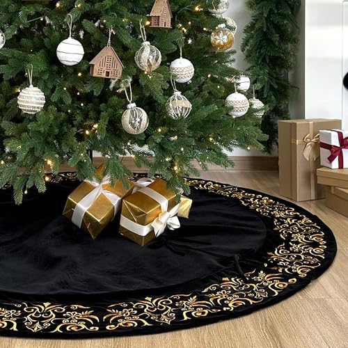 72-Inch Victorian Velvet Christmas Tree Skirt with Gold Damask Embroidery and Plush Lace Ties, Burgundy