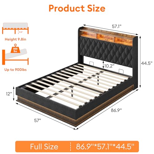 Queen Bed Frame with Storage - Lift Up Queen Size Bed Frame with Headboard, Upholstered Platform Bed with LED Lights & Charging Station