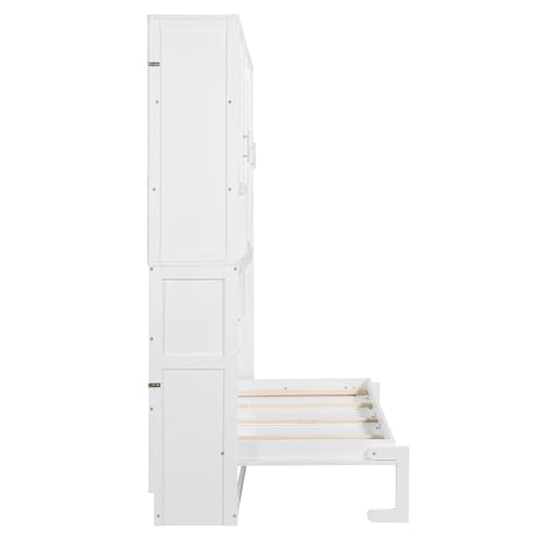 SOFTSEA Twin Size Murphy Bed Frame with Storage Cabinet and Shelves, Foldable Wall Bed with Light & USB for Guest Room, No Box Spring Needed, Gray