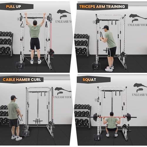 GaveeLife Power Cage, 2000 LBS Power Rack with Cable Cross-Over System, Multi-Functional Strength Training Squat Rack with LAT Pull Down System