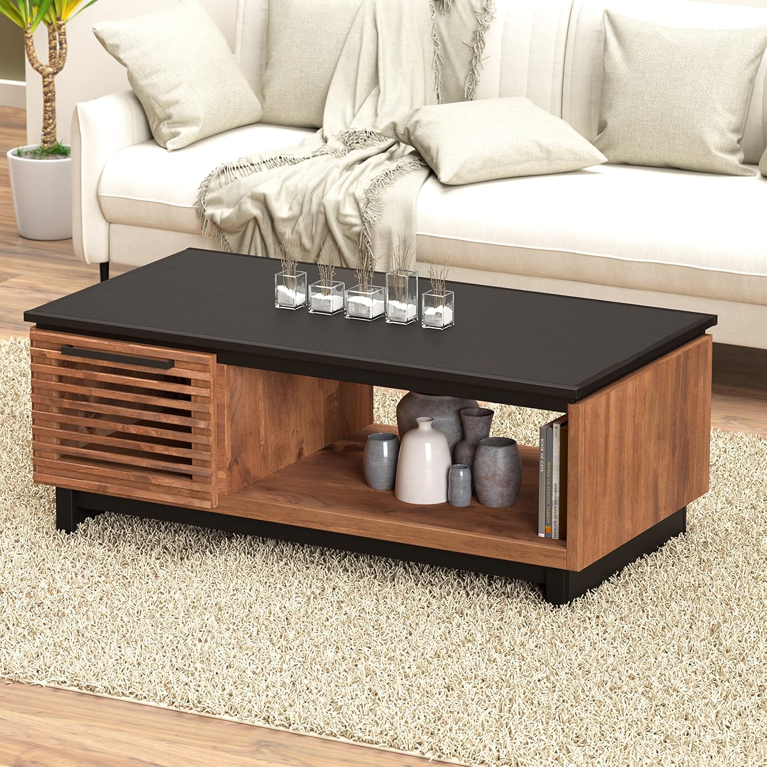 Bridgevine Home Graceland Modern Coffee Table, 47 inches, Fully Assembled, Poplar Solid Wood, Bourbon and Black Finish