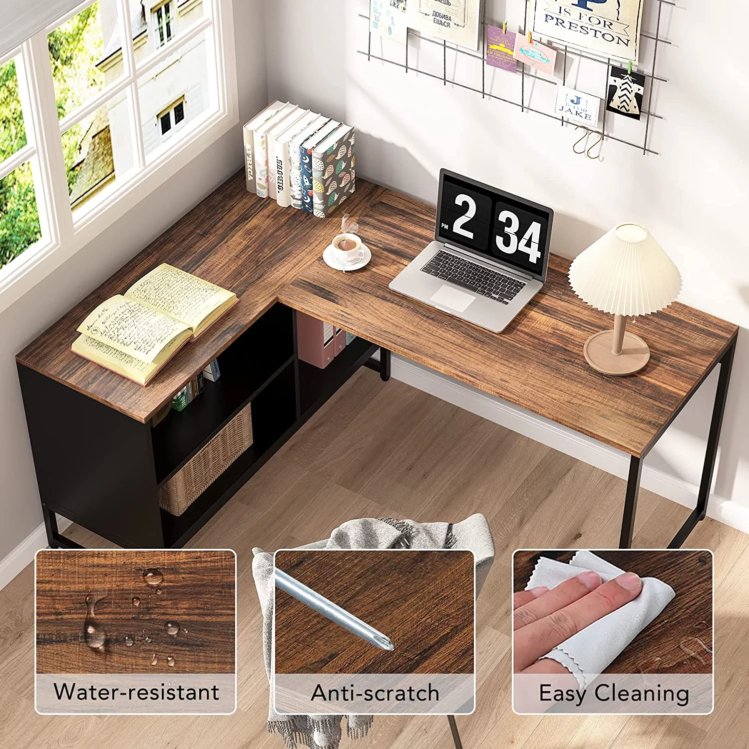 L Shaped Desk with File Cabinet  59 inch Large L-Shaped Office Desks with  Computer Corner Desks with Heavy-Duty Metal Frame Black Rustic Brown