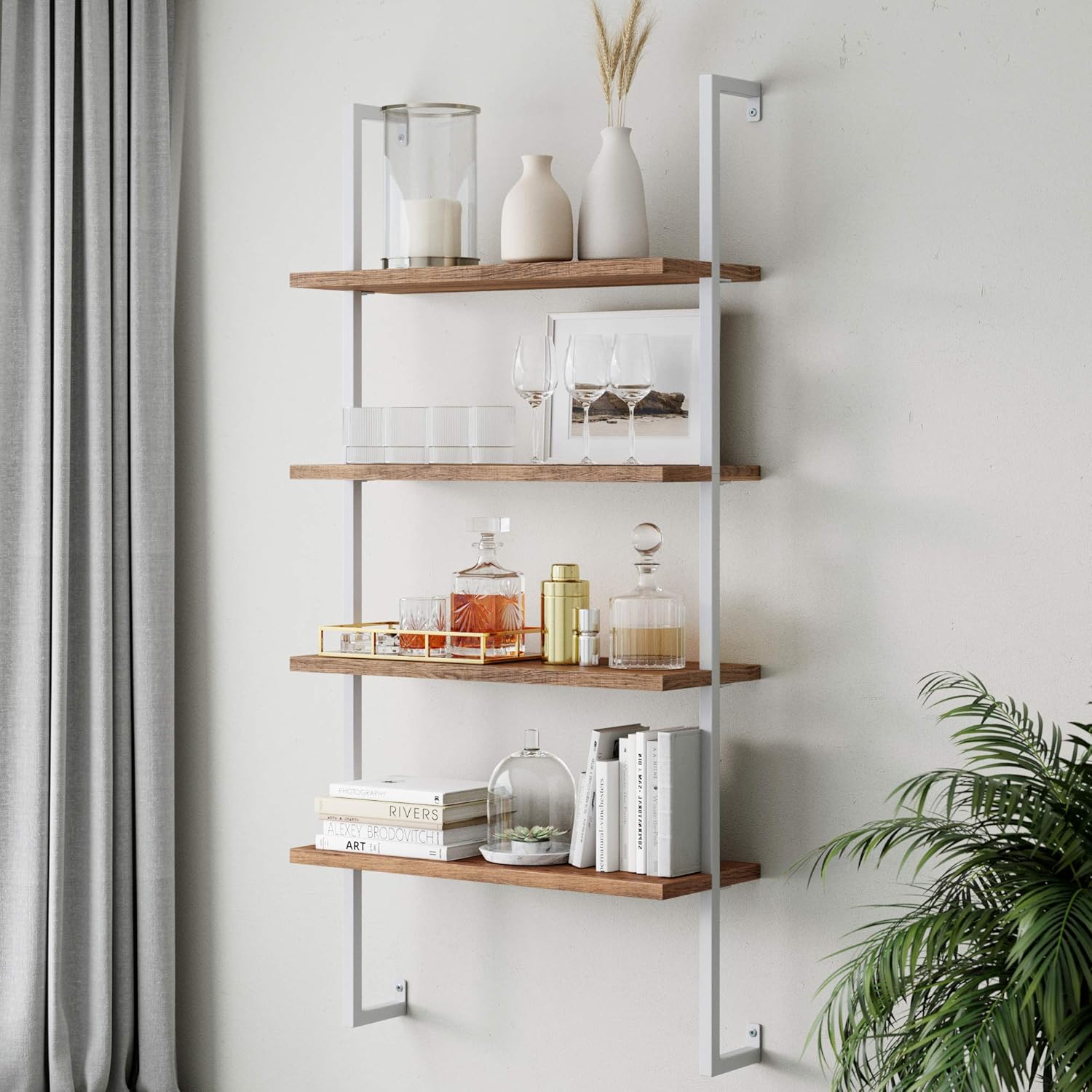 Nathan James Theo 5-Shelf Modern Bookcase, Open Wall Mount Ladder Bookshelf with Industrial Metal Frame, White/Gold