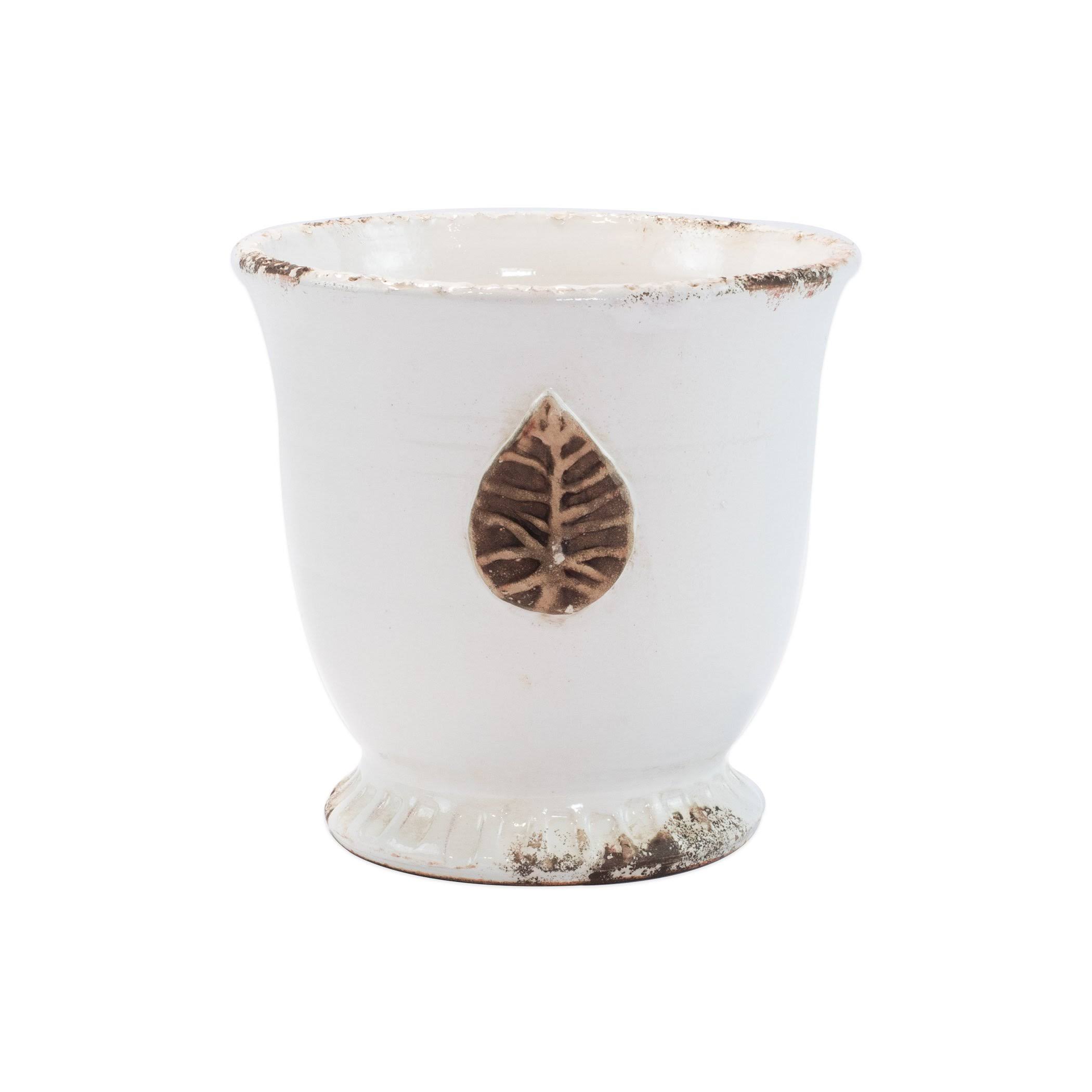Vietri Rustic Garden White Medium Cachepot with Leaf