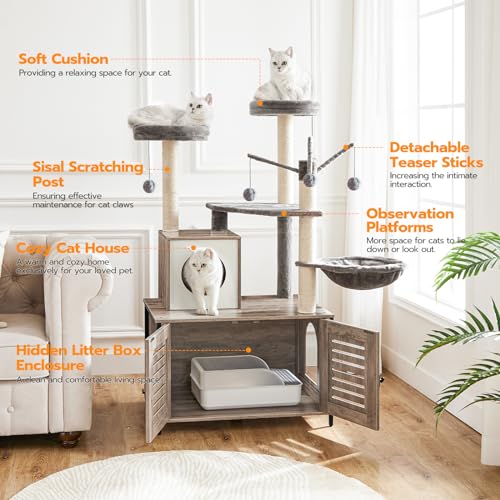 HOOBRO Cat Tree with Litter Box Enclosure, 27.6" L x 18.9" W x 52" H, All-in-One Wooden Cat Tower, Cat Furniture for Indoor Cats