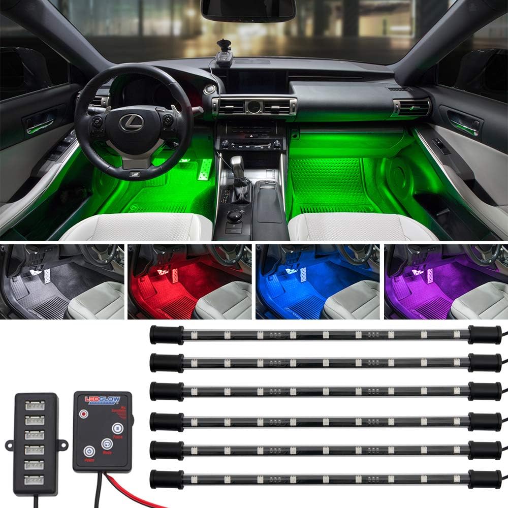 LEDGlow 6pc Multi-Color LED Interior Footwell Underdash Neon Light Kit for Cars & Trucks - 7 Solid Colors - 7 Patterns - Music Mode