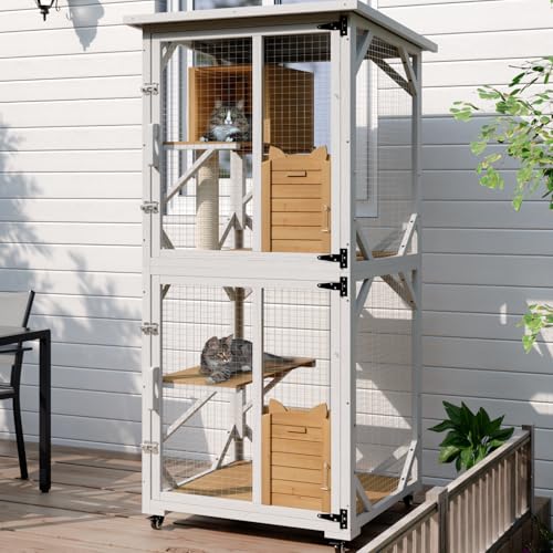 OFIKA Cat House Catio Outdoor Enclosure with Waterproof Roof,71'' cat House & Condos on Wheels for Outdoor Patio,Cat Window Box,Scratching Post（White）