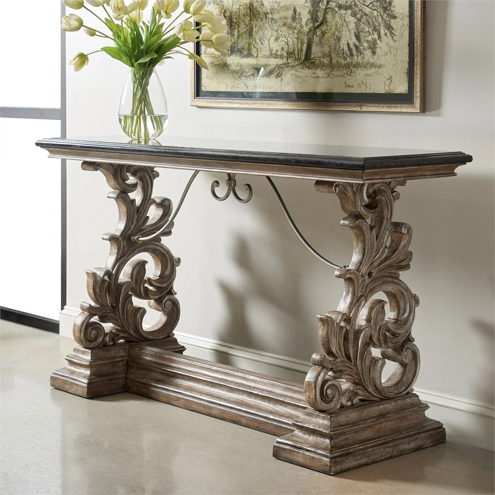 Wood Console Table with Marble Top in Brown by Pulaski Furniture